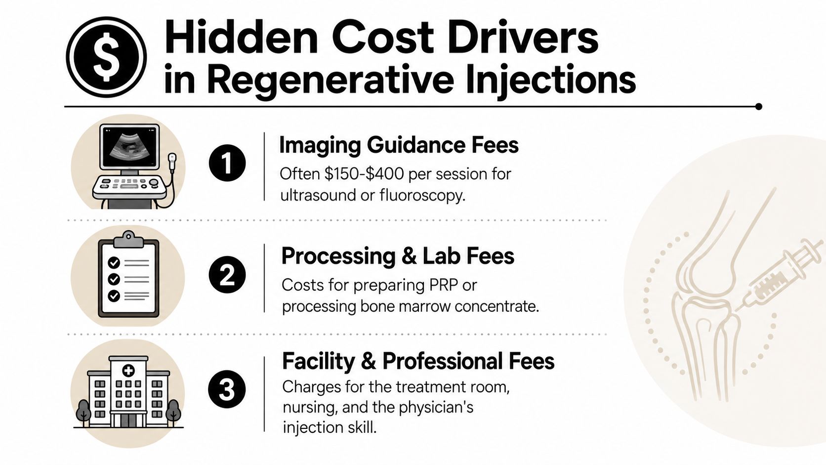 regenerative injection therapy cost hidden fees Most Illinois cash-pay PRP injections cost $750 to $2,000 per session, while cell-based treatments typically run $3,000 to $9,000 per treatment area. Your actual regenerative injection therapy cost can be higher once consultation, imaging guidance, processing, follow-up, and additional treatment areas are included. Regenerative Injection Therapy Cost: A Practical Guide An infographic detailing three common hidden cost factors associated with regenerative injection medical procedures.