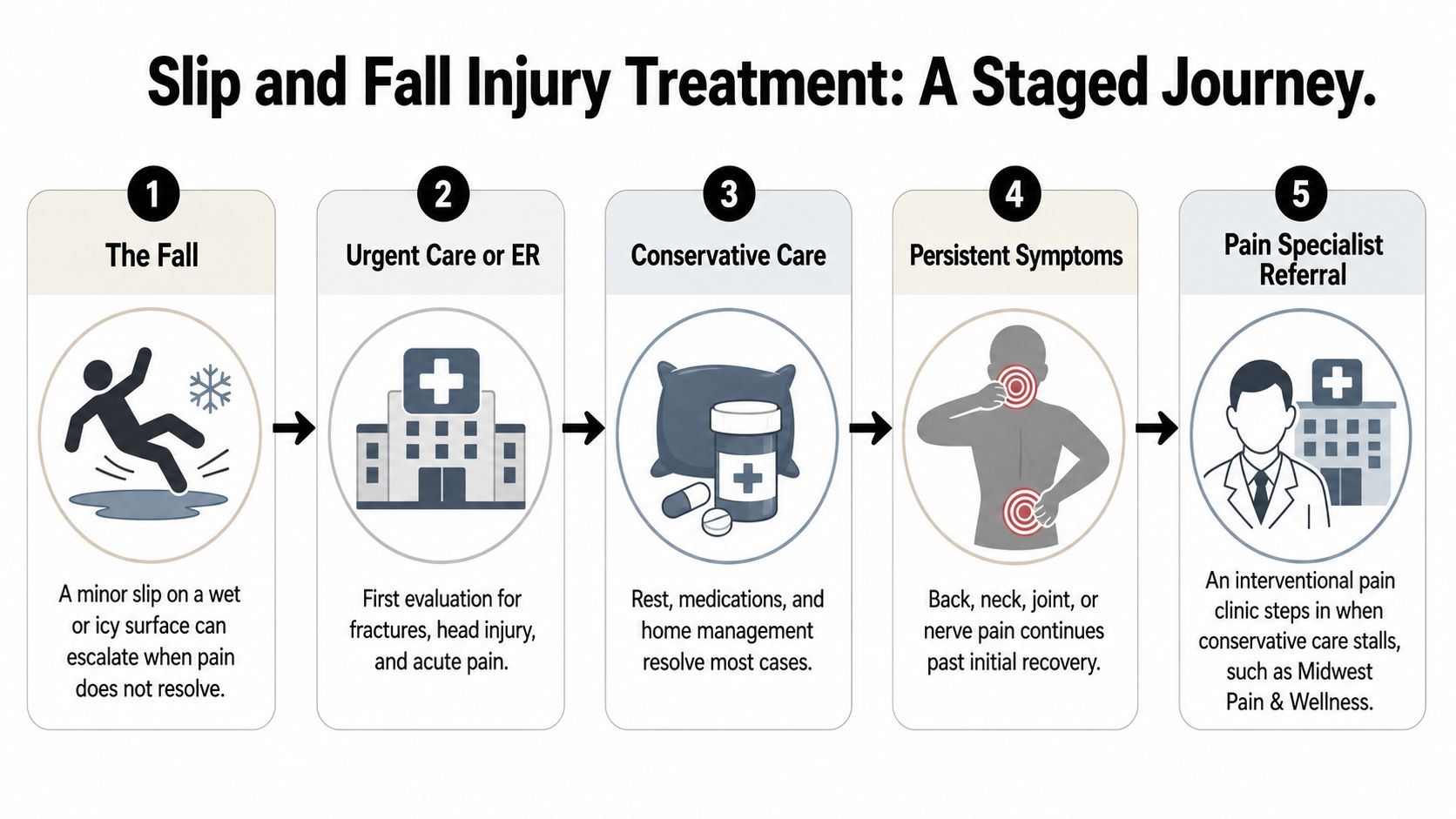 An infographic showing the five-stage medical treatment journey following a slip and fall injury.