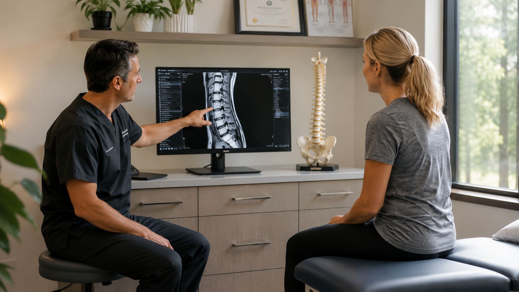 A male doctor explaining a spinal MRI scan to a female patient in a medical office.