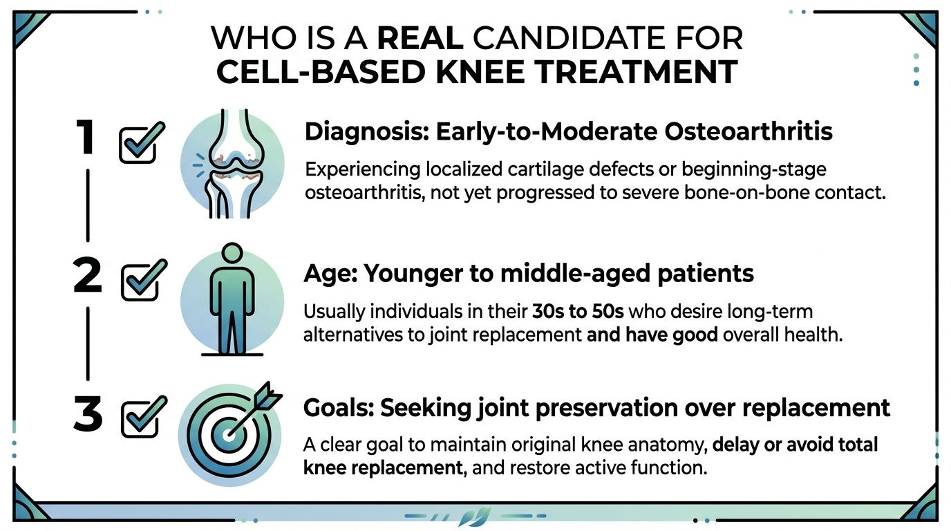 stem cell therapy knee pain knee treatment You've tried to keep moving, but your knee keeps changing the rules. Stairs hurt, longer walks require planning, and the relief from a previous injection didn't last. Then you see an advertisement for stem cell therapy for knee pain and start wondering whether an injection could help you avoid or delay surgery. Stem Cell Therapy Knee Pain: A Patient's Guide for 2026 An infographic outlining three key criteria for determining if a patient is a candidate for cell-based knee treatment.
