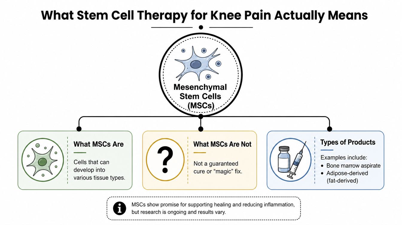 stem cell therapy knee pain mesenchymal stem cells You've tried to keep moving, but your knee keeps changing the rules. Stairs hurt, longer walks require planning, and the relief from a previous injection didn't last. Then you see an advertisement for stem cell therapy for knee pain and start wondering whether an injection could help you avoid or delay surgery. Stem Cell Therapy Knee Pain: A Patient's Guide for 2026 A diagram explaining stem cell therapy for knee pain, detailing what mesenchymal stem cells are and are not.