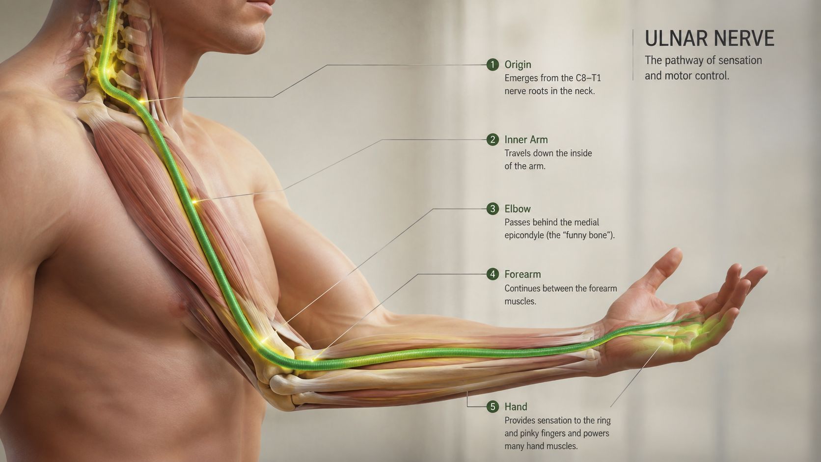 ulnar nerve pain treatment ulnar nerve 1 This guide lays out a practical path for ulnar nerve pain treatment, from position changes and activity modification to injections, peripheral nerve stimulation, and surgical referral. The goal isn't to promise that one intervention works for everyone. It's to separate established care from options that still need stronger evidence, so you can make a focused plan with a qualified clinician. Ulnar Nerve Pain Treatment: A Clear Path to Relief An anatomical illustration showing the path of the ulnar nerve from the neck down to the hand.