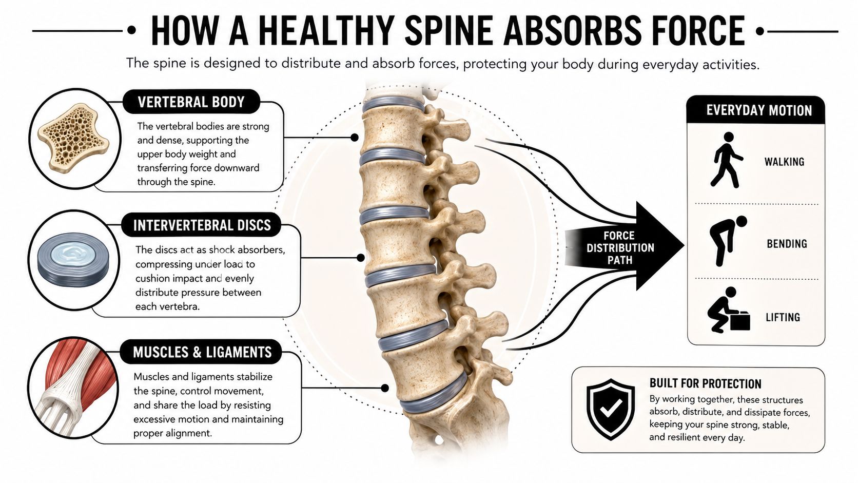 vertebral compression fracture causes spine anatomy In a healthy spine, the discs act like cushions and the muscles help stabilize movement. When the vertebral body weakens, the load shifts in a way it was never built to handle. That's why the cause of a vertebral compression fracture causes more than pain, it changes the structure that carries your body weight. Vertebral Compression Fracture Causes and Treatment Guide An infographic showing how the spine's vertebral bodies, discs, muscles, and ligaments absorb and distribute physical forces.