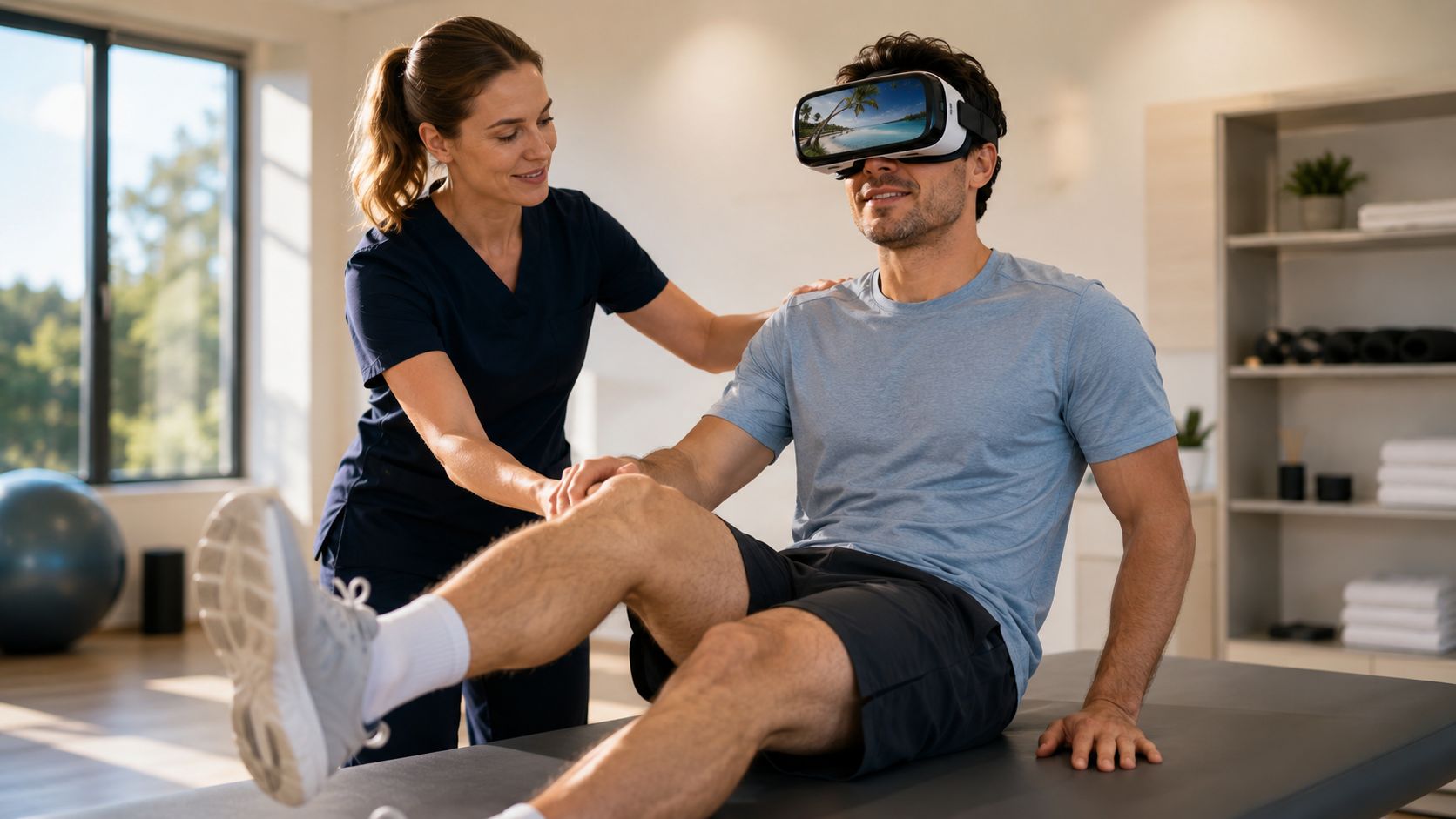 virtual reality pain relief physical therapy Virtual reality pain relief is no longer a fringe idea. A major 2023 umbrella review found 21 systematic reviews and meta-analyses, covering 274 studies and 17,680 patients, and it concluded that VR consistently reduced pain across acute, procedural, and chronic settings PMC umbrella review. That scale matters because pain care usually changes slowly, and this body of evidence is now large enough to deserve serious clinical attention. Virtual Reality Pain Relief: How It Works and Who It Helps A physical therapist assists a male patient using a virtual reality headset for pain relief exercises.