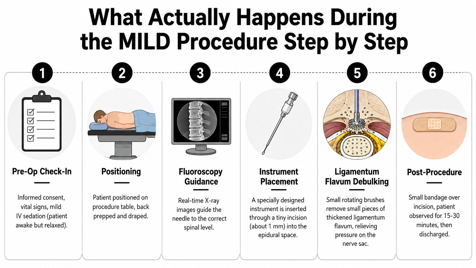what is mild procedure medical infographic The MILD procedure is a minimally invasive lumbar decompression for lumbar spinal stenosis. It typically takes about one hour, requires no hospital admission or general anesthesia, and usually lets you return home the same day. What Is MILD Procedure? a Complete 2026 Patient Guide A six-step infographic explaining the MILD procedure process from pre-op check-in to post-procedure recovery.