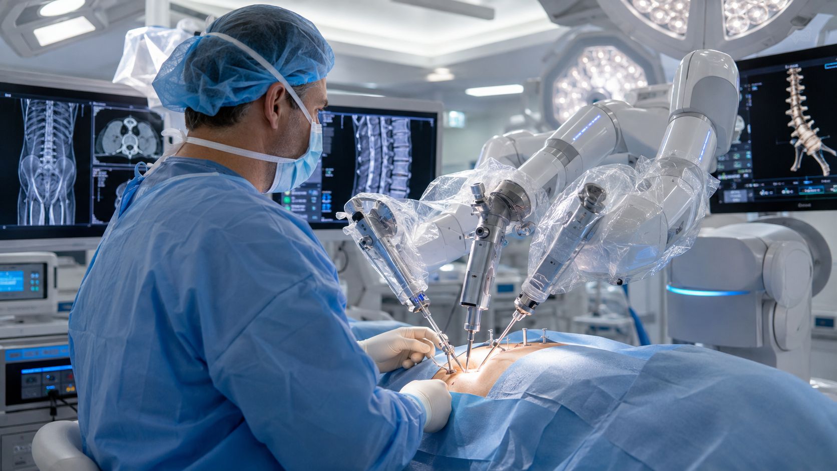 A surgeon using a robotic surgical system to perform a minimally invasive procedure in an operating room.