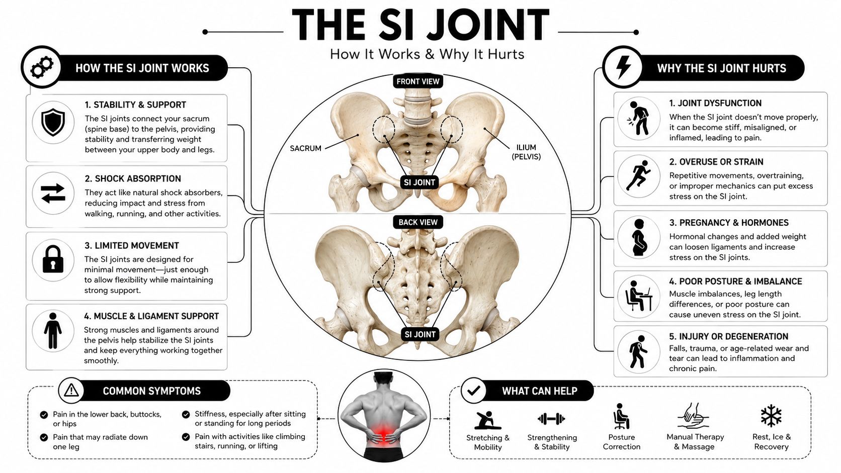 what is sacroiliac joint dysfunction si joint Sacroiliac joint dysfunction is pain generated by the joint where the spine meets the pelvis, and research suggests it may account for roughly 15% to 30% of chronic low back pain cases. It's often missed because its symptoms can resemble disc, facet joint, or hip pain. What Is Sacroiliac Joint Dysfunction and How to Treat It A detailed infographic explaining the function, common causes of pain, and treatment options for the sacroiliac joint.