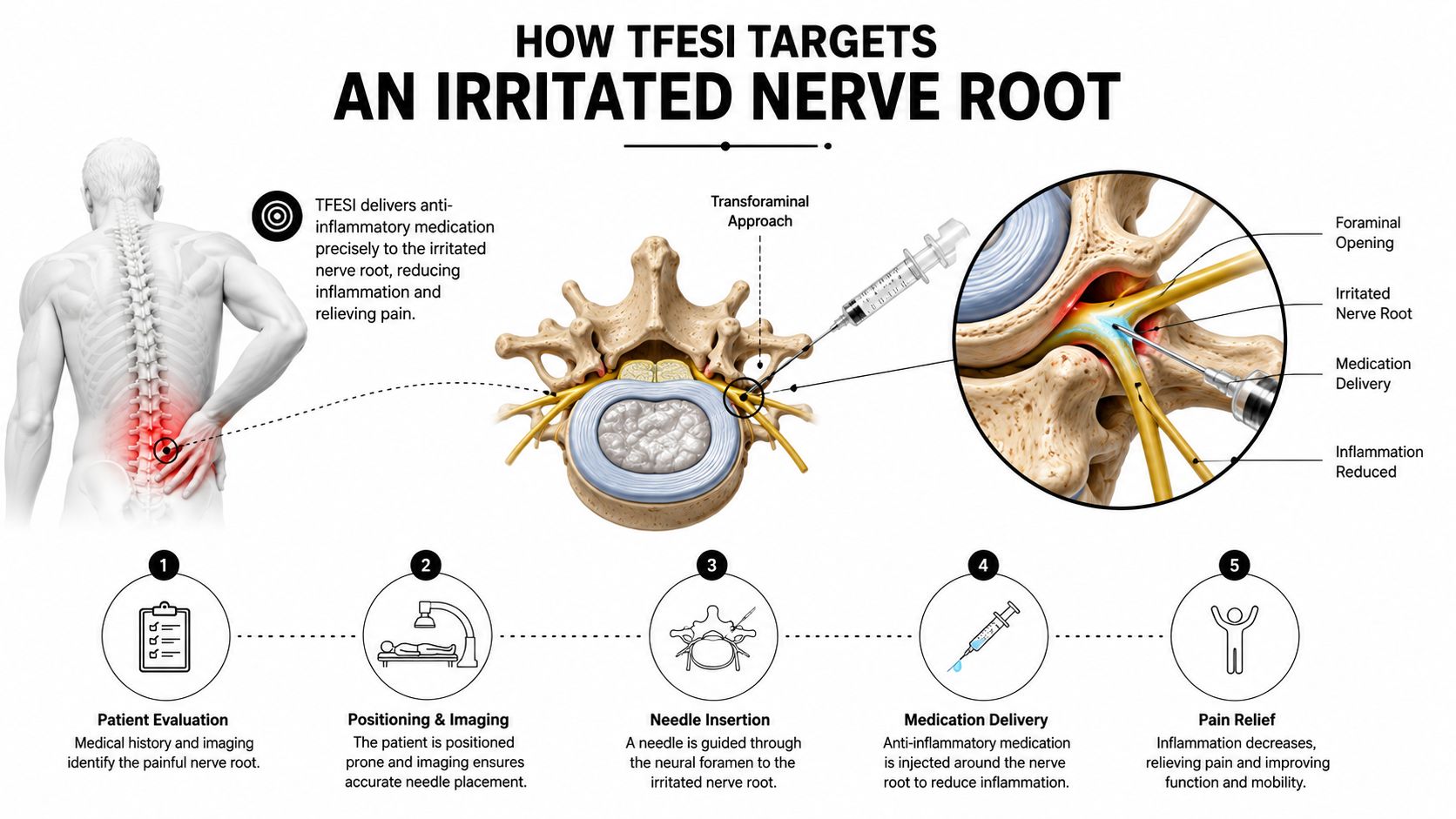 An infographic showing the five steps of a transforaminal epidural steroid injection procedure to treat nerve root pain.