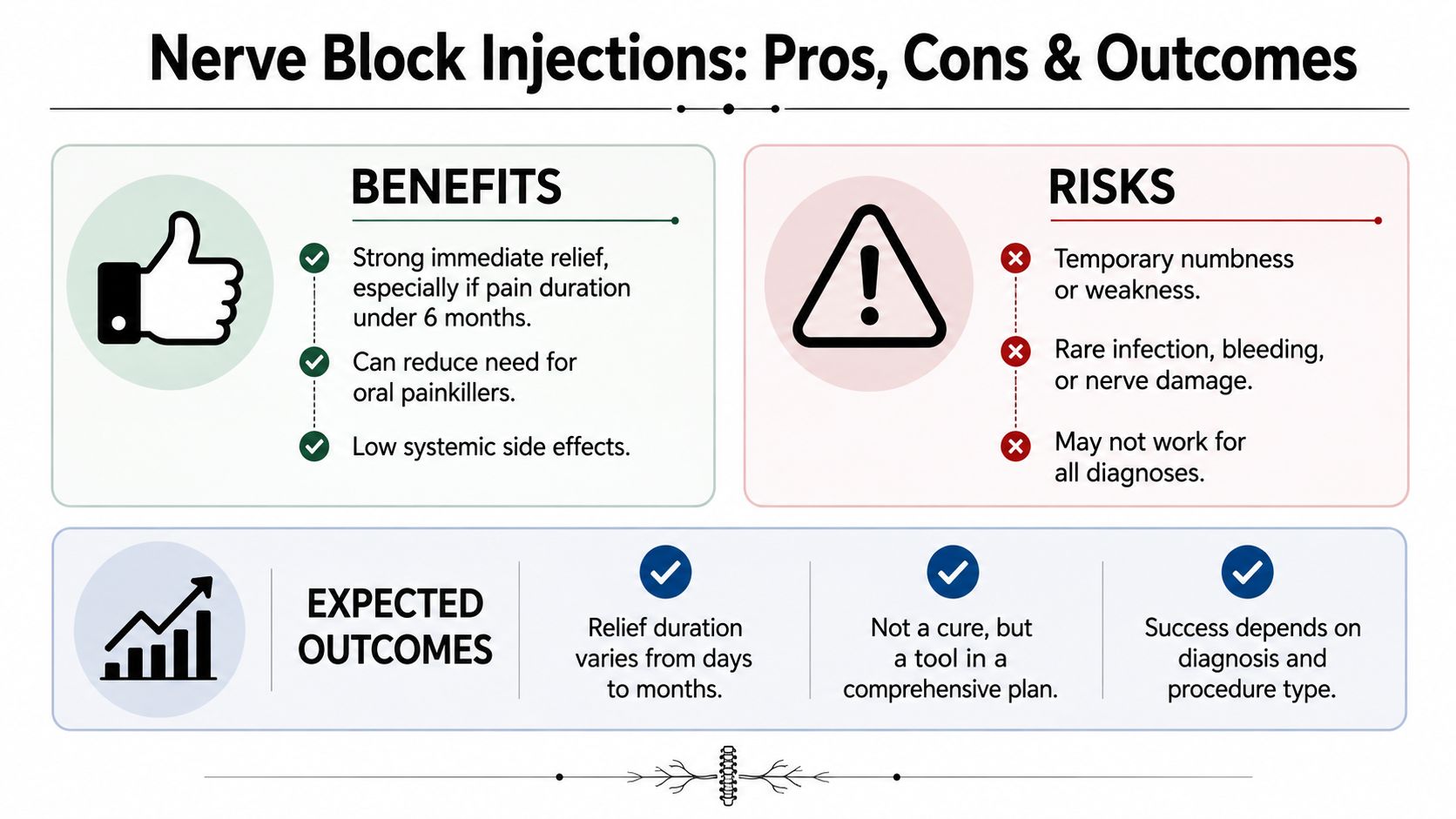 back pain nerve block injections nerve block infographic A nerve block may be part of the answer, but it isn't automatically the right answer for every type of back pain. The important questions are where the pain starts, whether a nerve is irritated, how long symptoms have lasted, and what treatments you've already tried. This guide explains back pain nerve block injections for patients in Chicago Ridge, Palos Heights, Palos Hills, Evergreen Park, and Hickory Hills. You'll learn how injections work, how specialists determine candidacy, what happens in the procedure room, and why a precise diagnosis matters more than the injection name. Back Pain Nerve Block Injections Guide for Illinois Patients An infographic summarizing the pros, cons, and expected outcomes of nerve block injections for medical treatment.