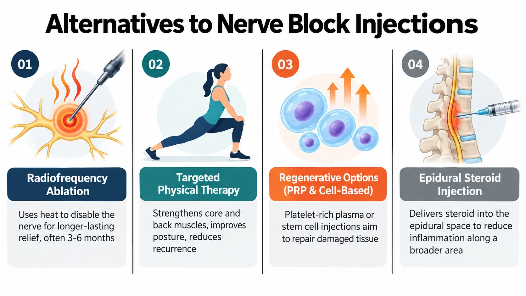 back pain nerve block injections pain management A nerve block may be part of the answer, but it isn't automatically the right answer for every type of back pain. The important questions are where the pain starts, whether a nerve is irritated, how long symptoms have lasted, and what treatments you've already tried. This guide explains back pain nerve block injections for patients in Chicago Ridge, Palos Heights, Palos Hills, Evergreen Park, and Hickory Hills. You'll learn how injections work, how specialists determine candidacy, what happens in the procedure room, and why a precise diagnosis matters more than the injection name. Back Pain Nerve Block Injections Guide for Illinois Patients An infographic illustrating four alternatives to nerve block injections for managing chronic back pain symptoms.