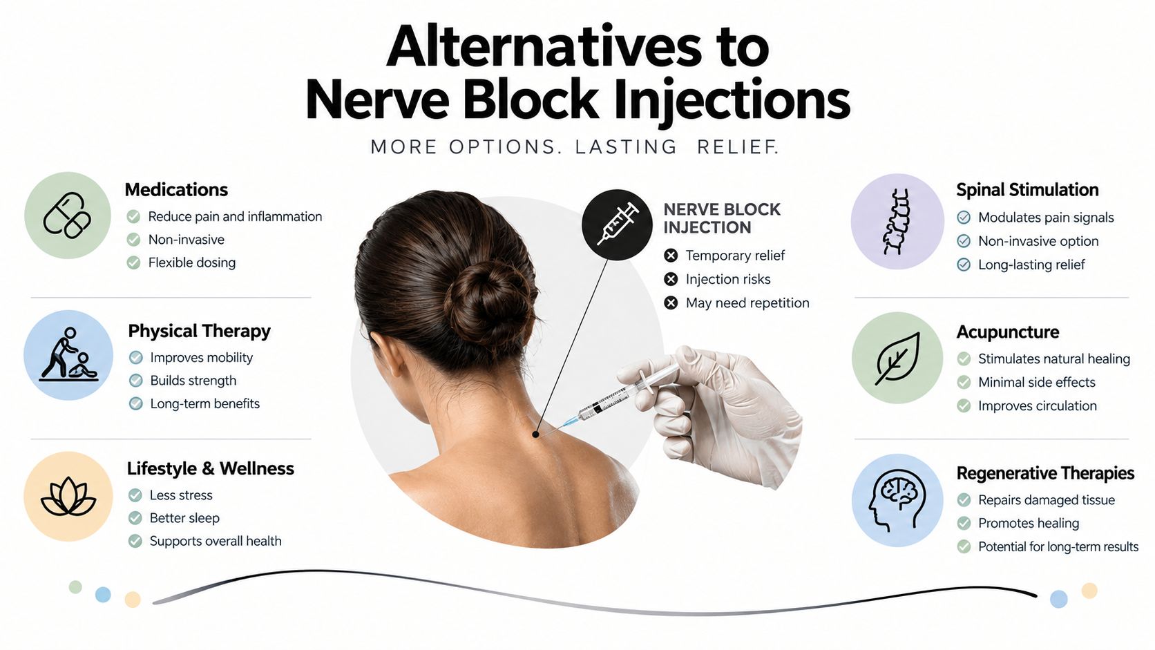 back pain nerve block injections treatment alternatives A nerve block may be part of the answer, but it isn't automatically the right answer for every type of back pain. The important questions are where the pain starts, whether a nerve is irritated, how long symptoms have lasted, and what treatments you've already tried. This guide explains back pain nerve block injections for patients in Chicago Ridge, Palos Heights, Palos Hills, Evergreen Park, and Hickory Hills. You'll learn how injections work, how specialists determine candidacy, what happens in the procedure room, and why a precise diagnosis matters more than the injection name. Back Pain Nerve Block Injections Guide for Illinois Patients An infographic presenting non-surgical alternatives to nerve block injections for managing back pain and chronic conditions.