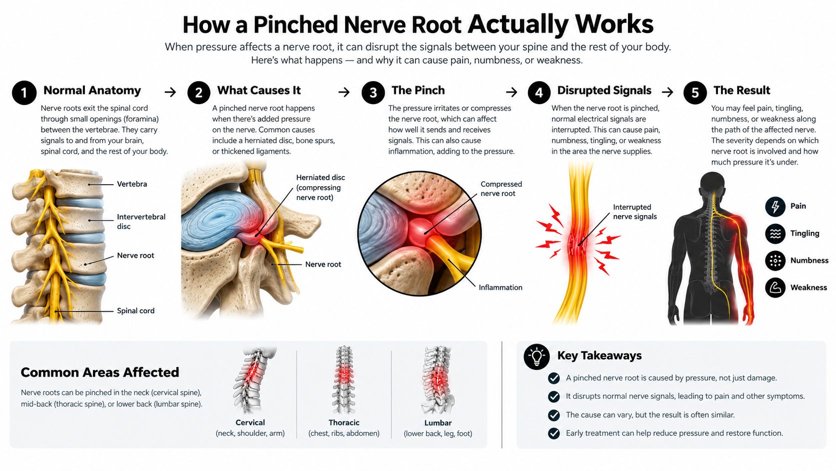 cervical radiculopathy symptoms pinched nerve You wake up and turn your head, only to feel a sharp, electric pain run from your neck into your shoulder blade and down your arm. Perhaps your fingers are tingling, your grip feels unreliable, or the pain keeps you awake even after you change position. These cervical radiculopathy symptoms can feel alarming, but understanding the pattern helps you decide what needs prompt attention and what can be evaluated routinely. Cervical Radiculopathy Symptoms: What You Should Know A diagram illustrating how a pinched nerve root occurs in the spine and causes body pain.