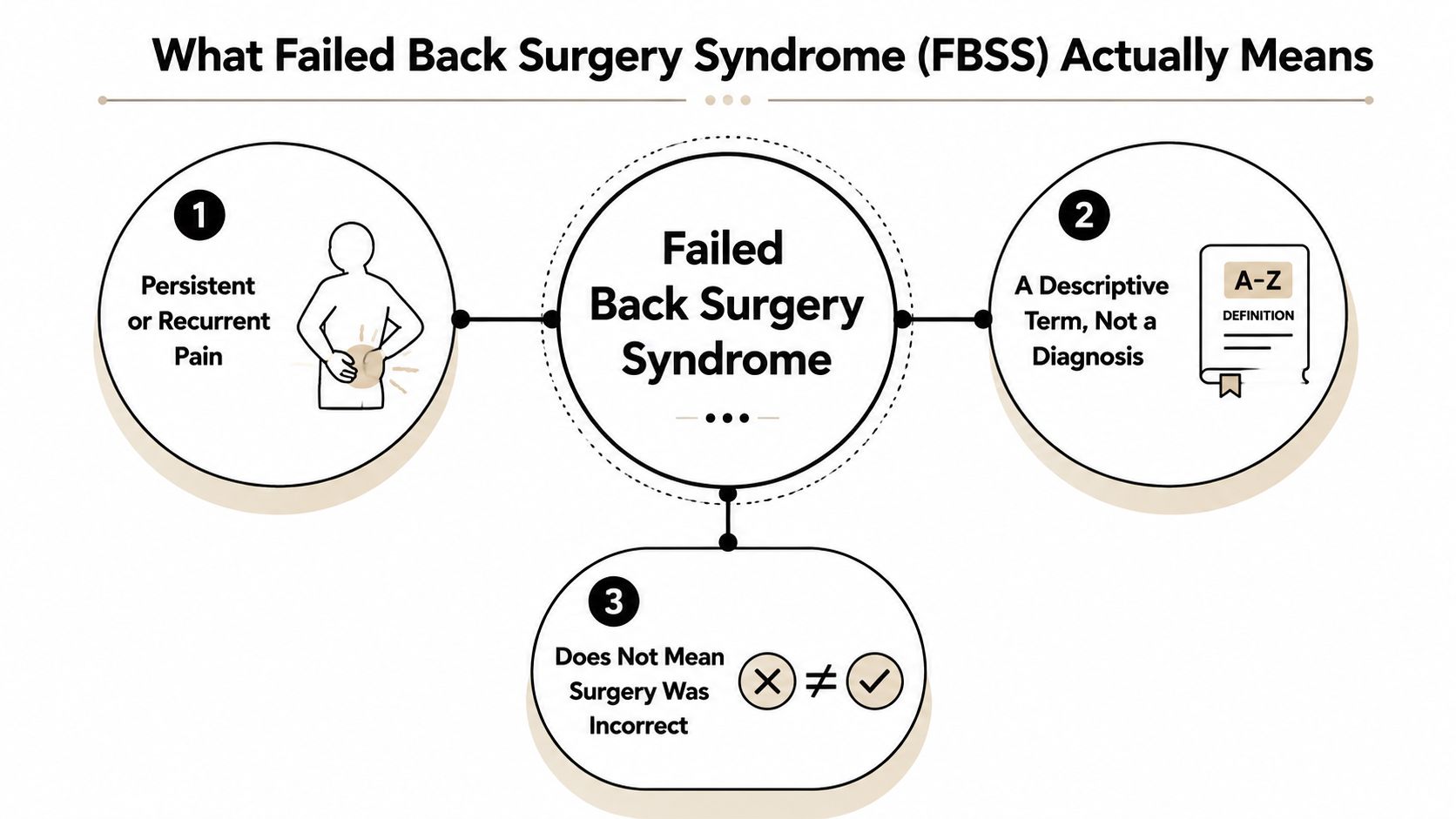 An infographic explaining that Failed Back Surgery Syndrome describes persistent pain rather than indicating an incorrect surgery.