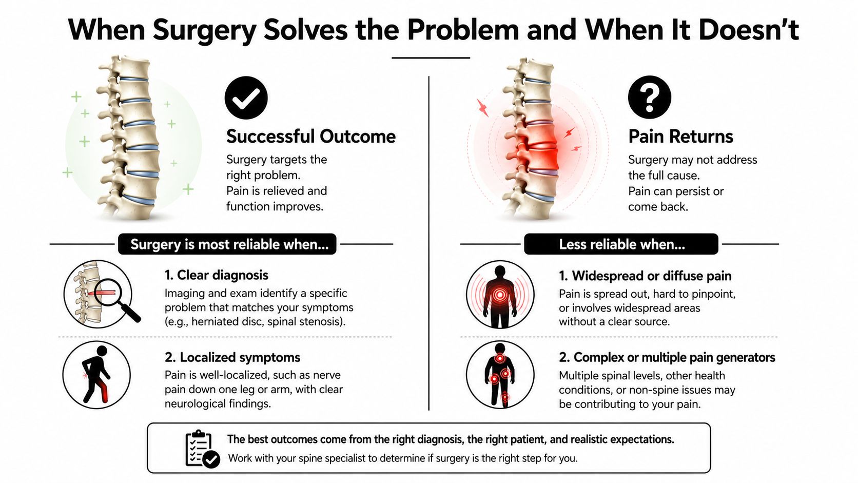 An infographic showing when spinal surgery is successful and when it might not provide relief.