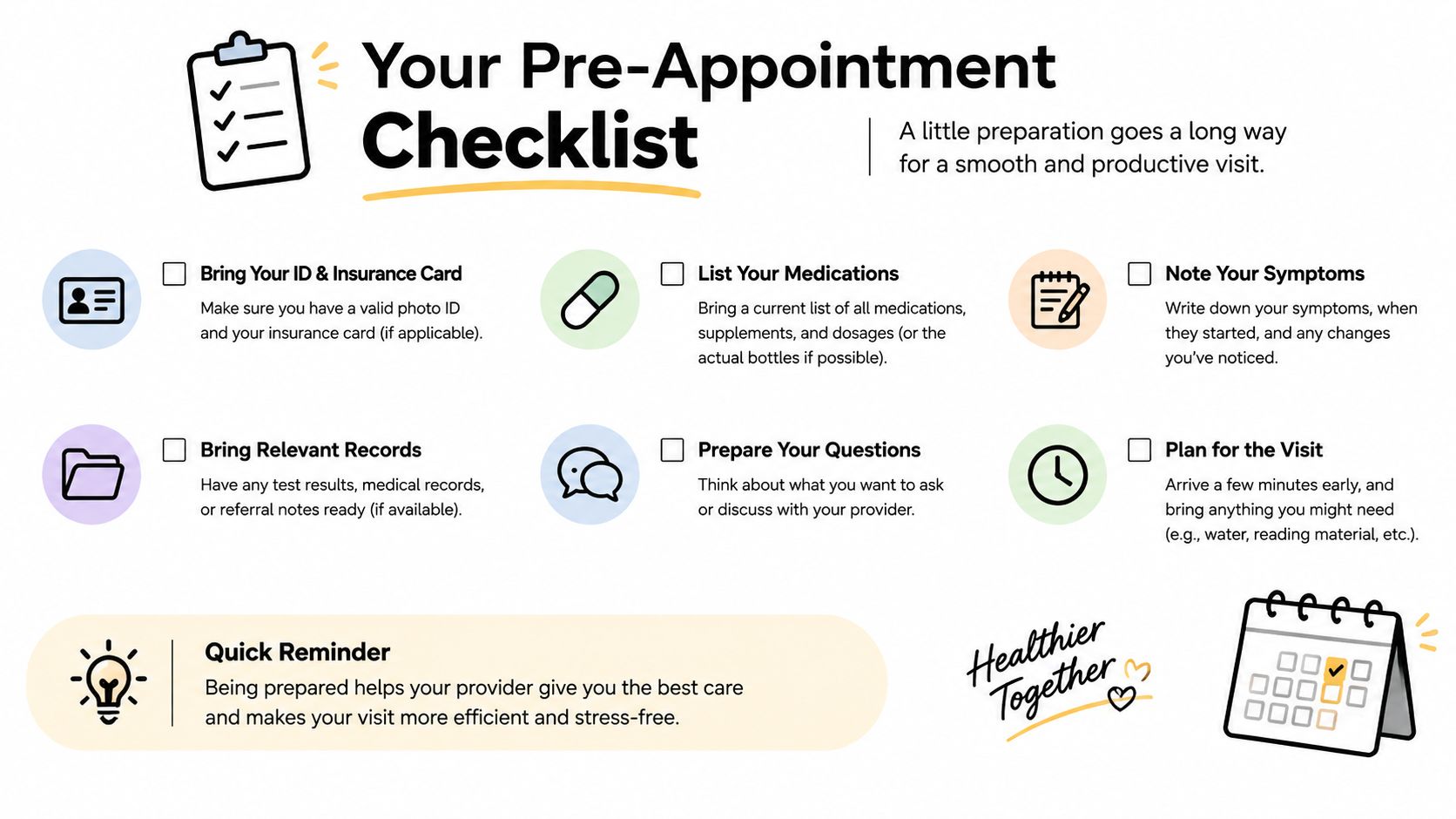 A checklist infographic illustrating essential steps for patients to prepare for a healthcare or medical appointment.