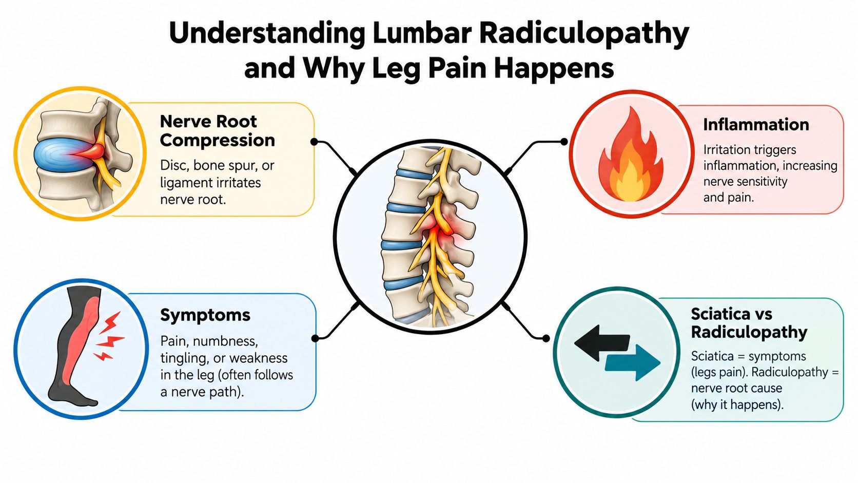 An infographic illustrating the causes and symptoms of lumbar radiculopathy, showing nerve compression and leg pain.