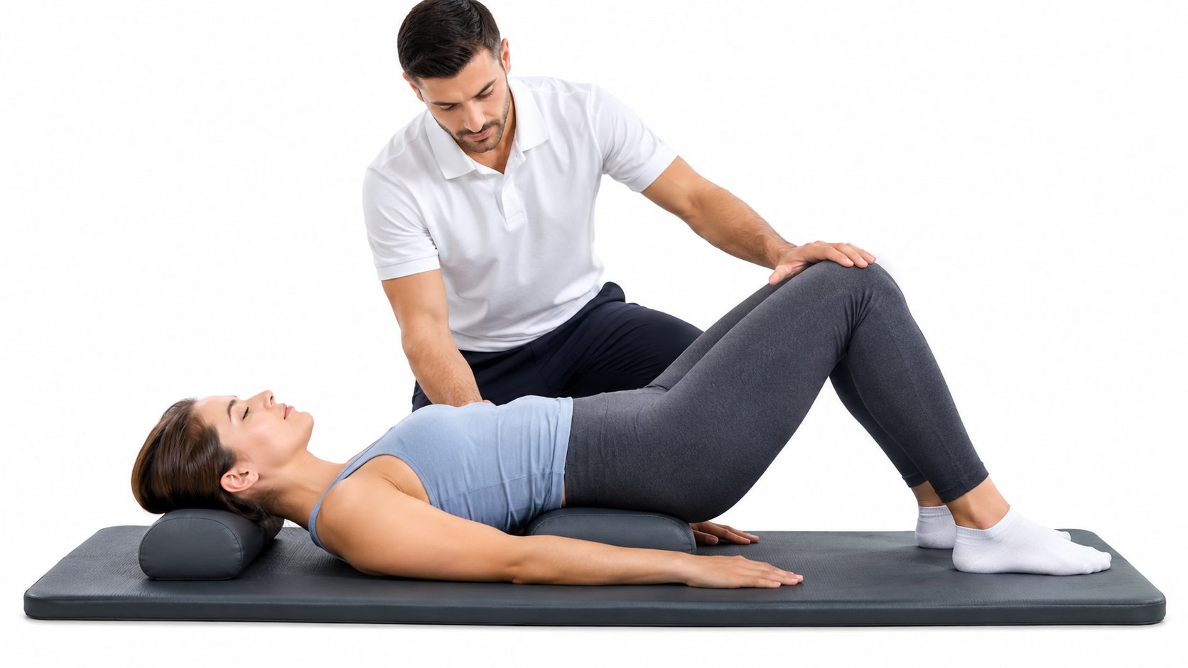 A professional physical therapist performs a back adjustment on a female patient lying on a mat.