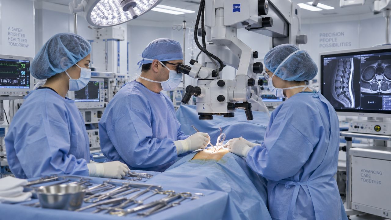 A medical team performs a surgical procedure using specialized equipment in a modern, sterile operating room setting.