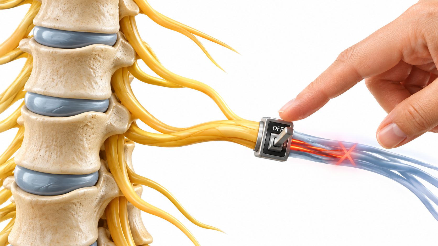 A hand turns an off switch on a spinal nerve, illustrating the concept of a nerve block procedure.