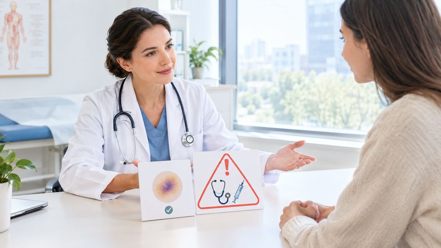 A female doctor in a white coat talking to a patient while holding informative medical signs