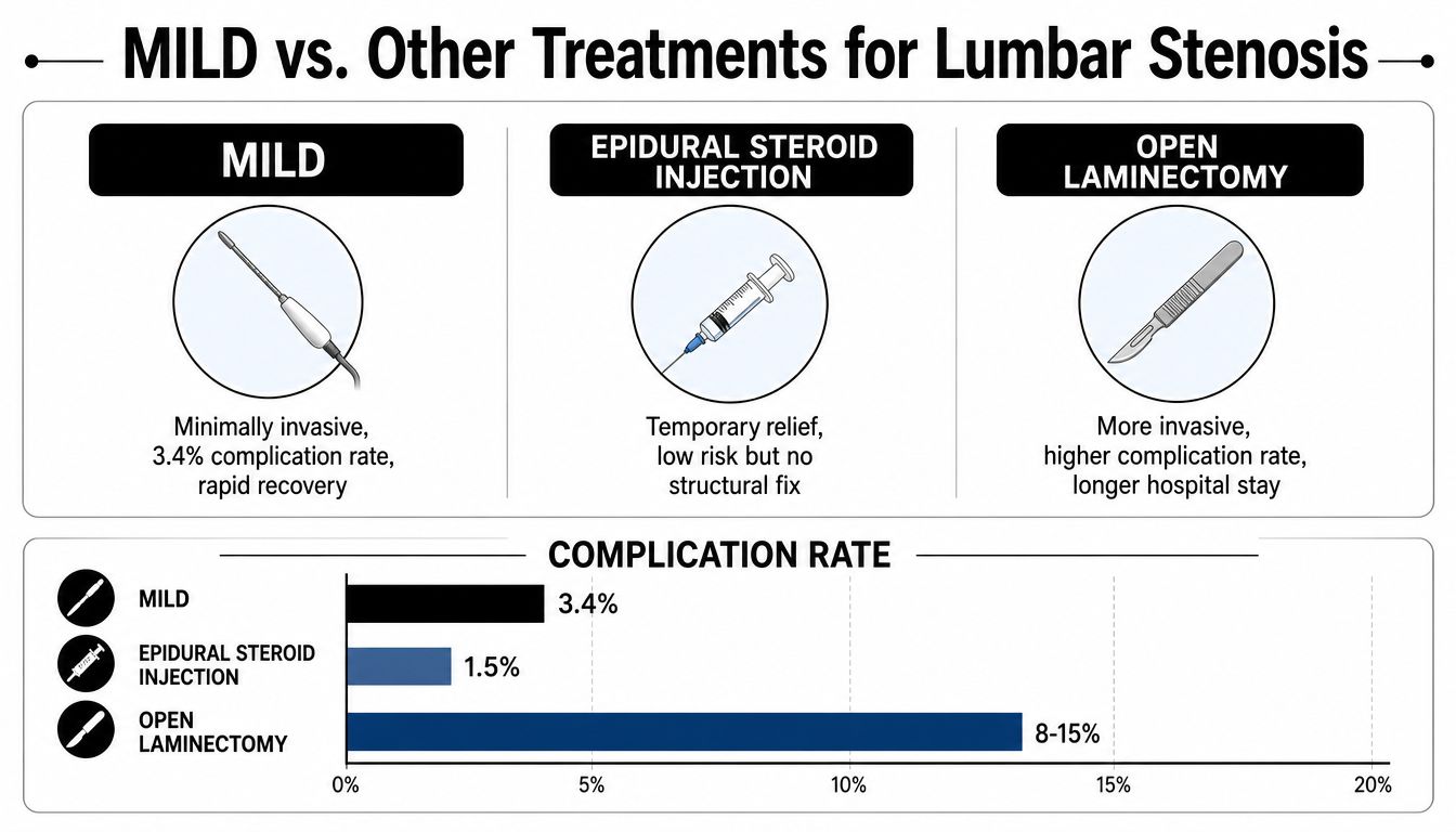 A comparison chart showing complication rates for MILD, epidural steroid injections, and open laminectomy for lumbar stenosis.