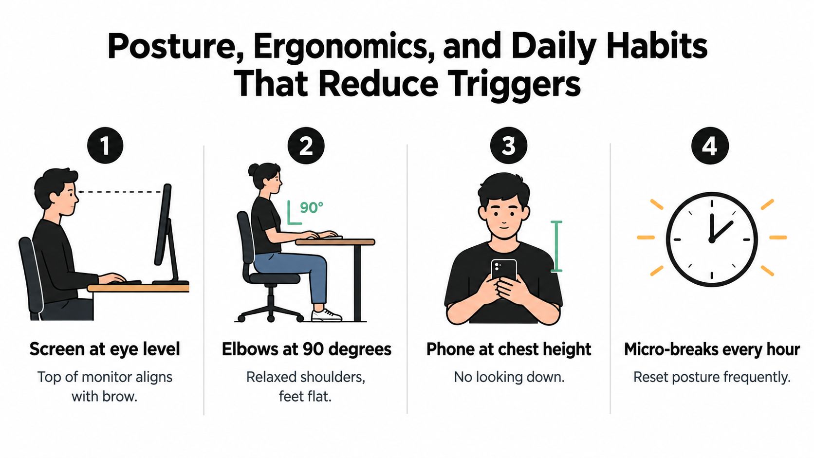 An infographic showing four ergonomic tips for preventing neck tension headaches while using screens and devices.