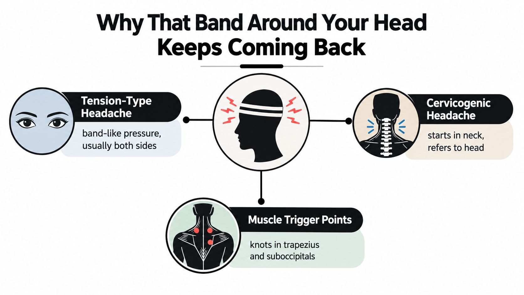 An infographic showing causes of band-like head pressure including tension headaches, cervicogenic headaches, and muscle trigger points.