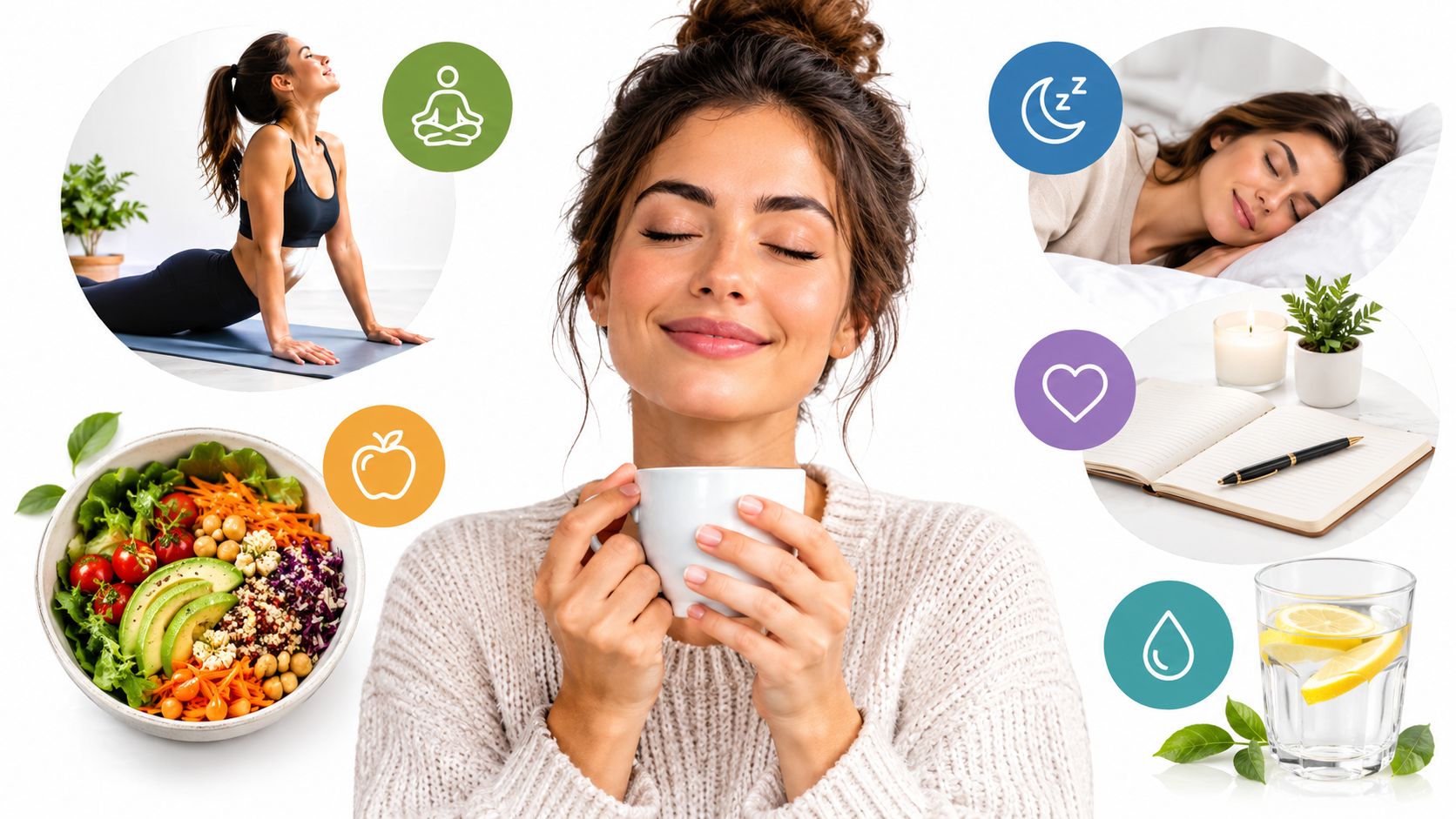A woman holding a cup surrounded by icons representing healthy habits like exercise, sleep, nutrition, and self-care.