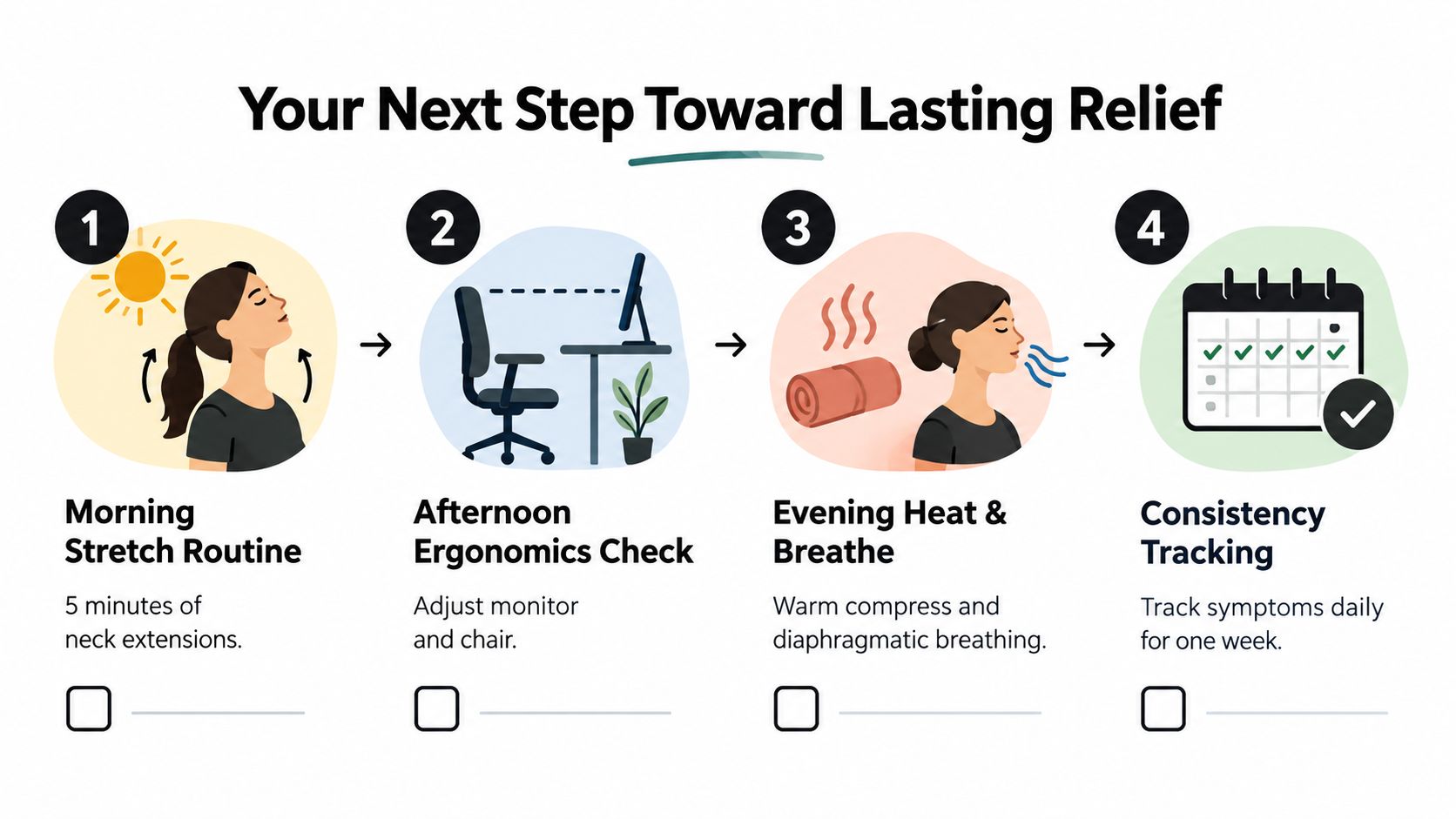 A four-step infographic illustrating a daily routine for managing neck tension and promoting lasting relief.