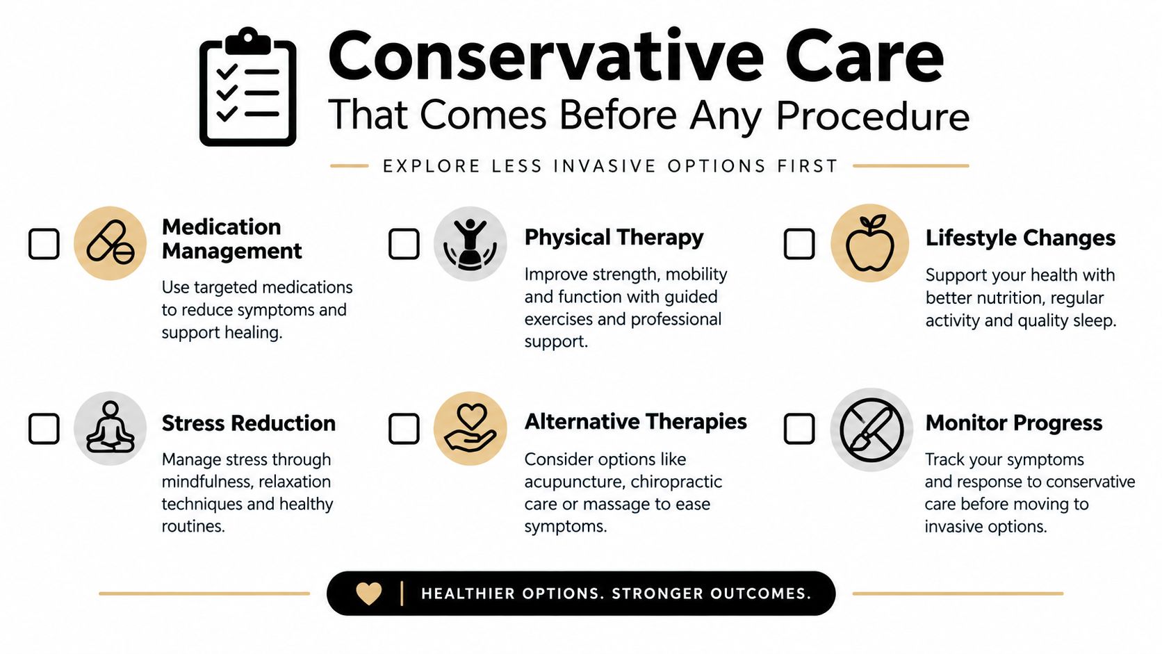An infographic titled Conservative Care listing non-surgical methods like physical therapy and lifestyle changes for health.