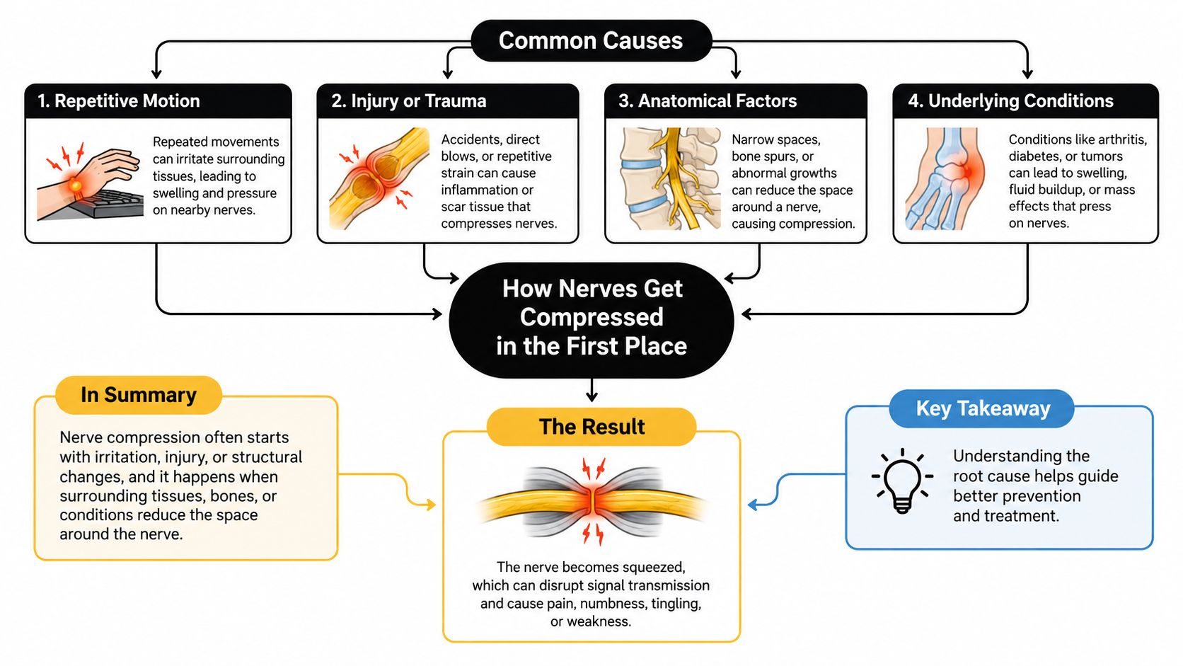 A flowchart explaining the four common causes of nerve compression and its resulting symptoms and impact.