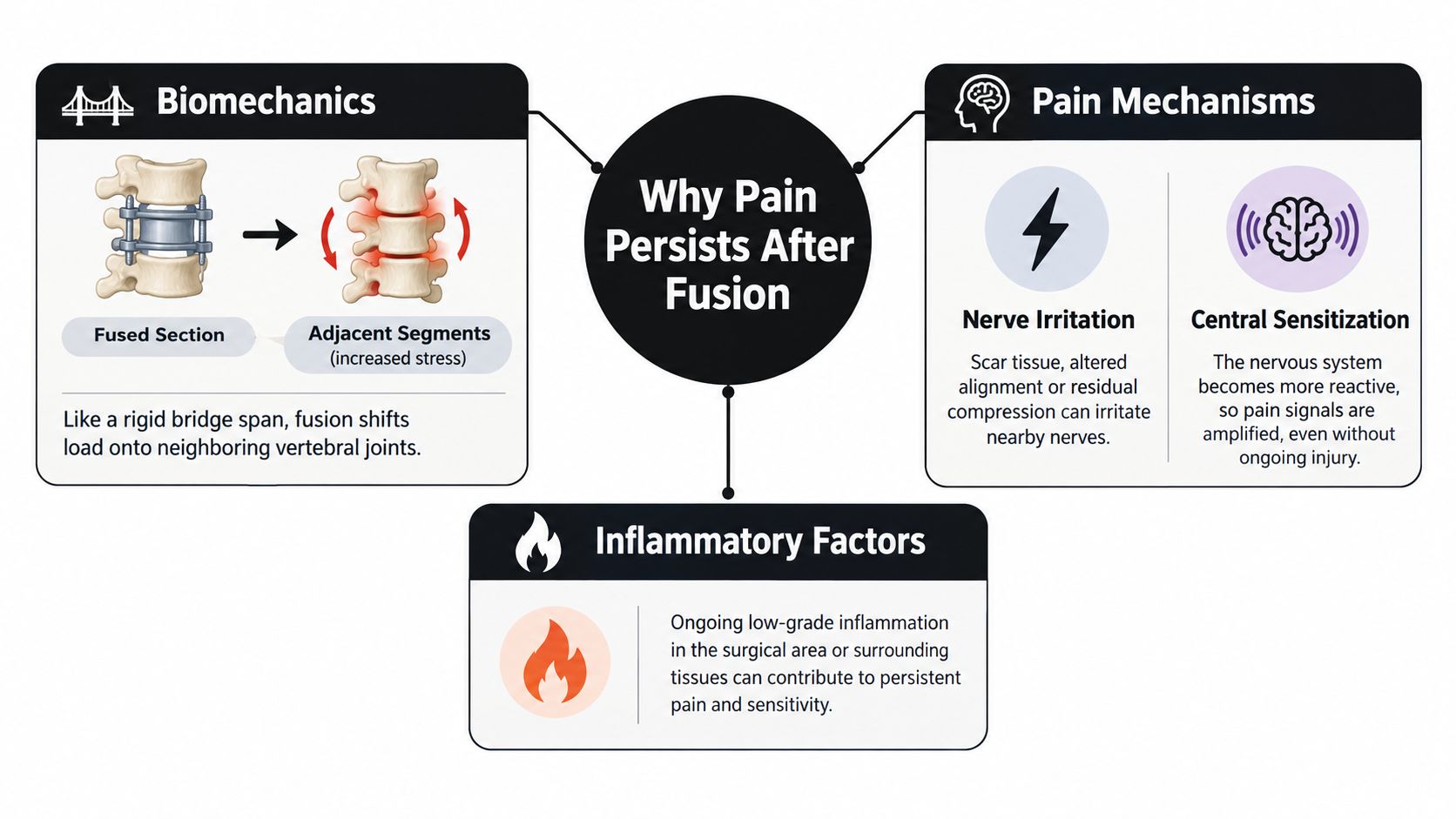 pain after spinal fusion infographic You had the surgery. The incision healed. People around you expected the hard part to be over. But you're still dealing with aching across the low back, pain into the buttock or leg, or a strange mix of stiffness, burning, and fatigue that doesn't fit the simple story of “the fusion fixed it.” Pain After Spinal Fusion Causes and Relief Options An infographic titled Why Pain Persists After Fusion illustrating biomechanical, pain mechanism, and inflammatory causes of post-surgical pain.