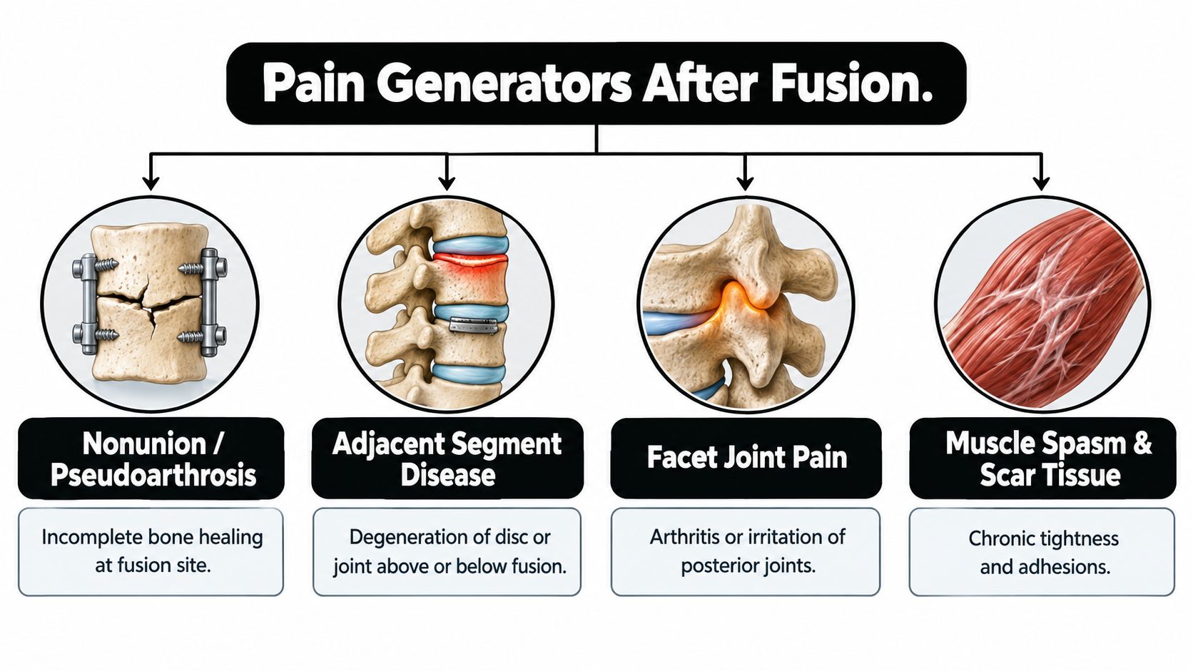 pain after spinal fusion pain generators You had the surgery. The incision healed. People around you expected the hard part to be over. But you're still dealing with aching across the low back, pain into the buttock or leg, or a strange mix of stiffness, burning, and fatigue that doesn't fit the simple story of “the fusion fixed it.” Pain After Spinal Fusion Causes and Relief Options An infographic illustrating four common causes of persistent back pain following a spinal fusion surgical procedure.