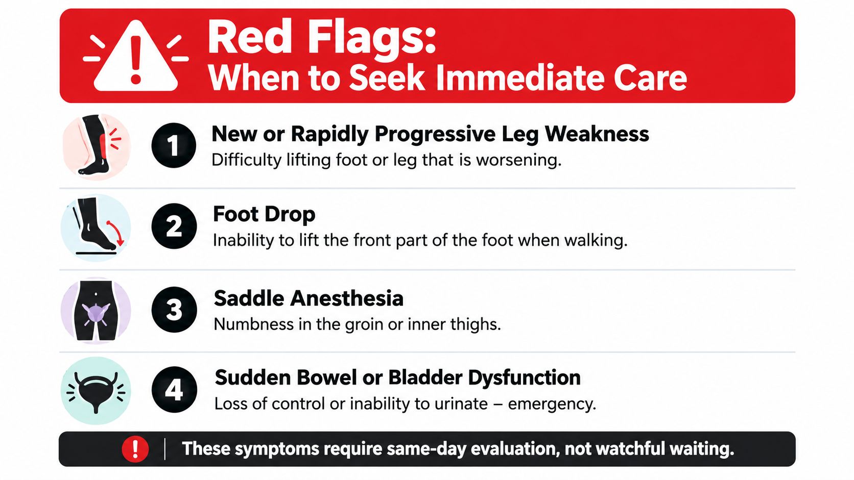 post back surgery leg pain emergency symptoms That question matters because post back surgery leg pain is not one diagnosis. It's a pattern with several possible pain generators, and those generators don't respond to the same treatment. In practice, the difference between recurrent stenosis, scar tethering, adjacent segment disease, hardware irritation, and ongoing nerve irritation is the difference between a treatment plan that fits and one that wastes months. Post Back Surgery Leg Pain: Causes and Effective Relief An infographic showing four red flag symptoms indicating the need for immediate medical care after surgery.