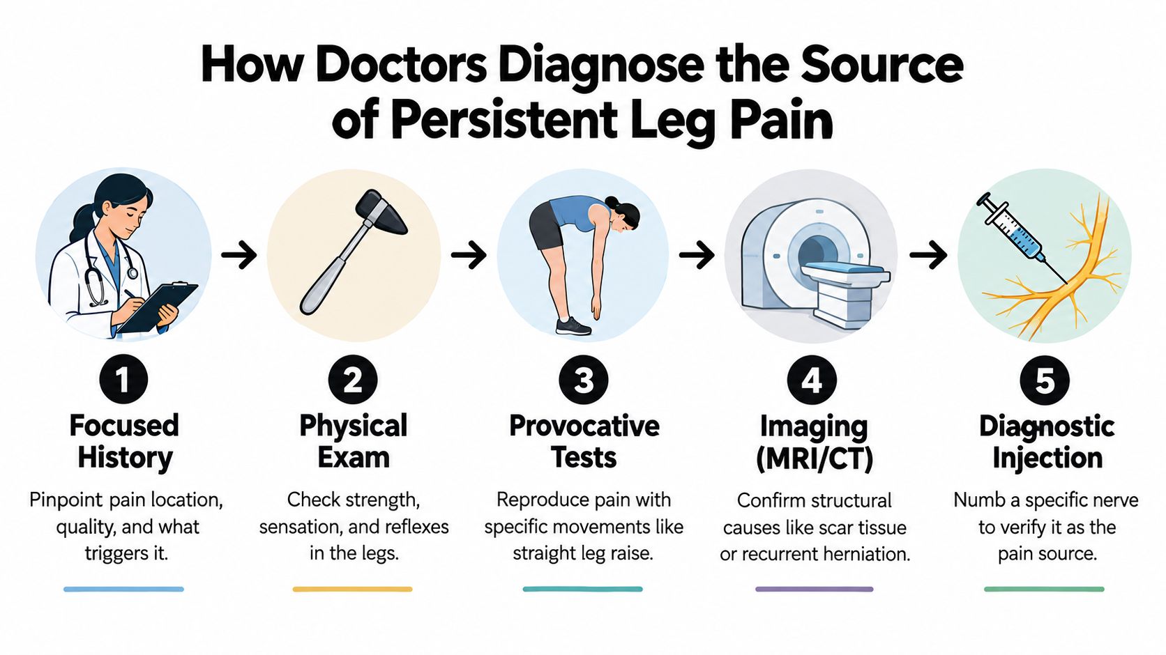 post back surgery leg pain medical diagnosis That question matters because post back surgery leg pain is not one diagnosis. It's a pattern with several possible pain generators, and those generators don't respond to the same treatment. In practice, the difference between recurrent stenosis, scar tethering, adjacent segment disease, hardware irritation, and ongoing nerve irritation is the difference between a treatment plan that fits and one that wastes months. Post Back Surgery Leg Pain: Causes and Effective Relief A flowchart showing five medical steps doctors use to diagnose the source of persistent leg pain.