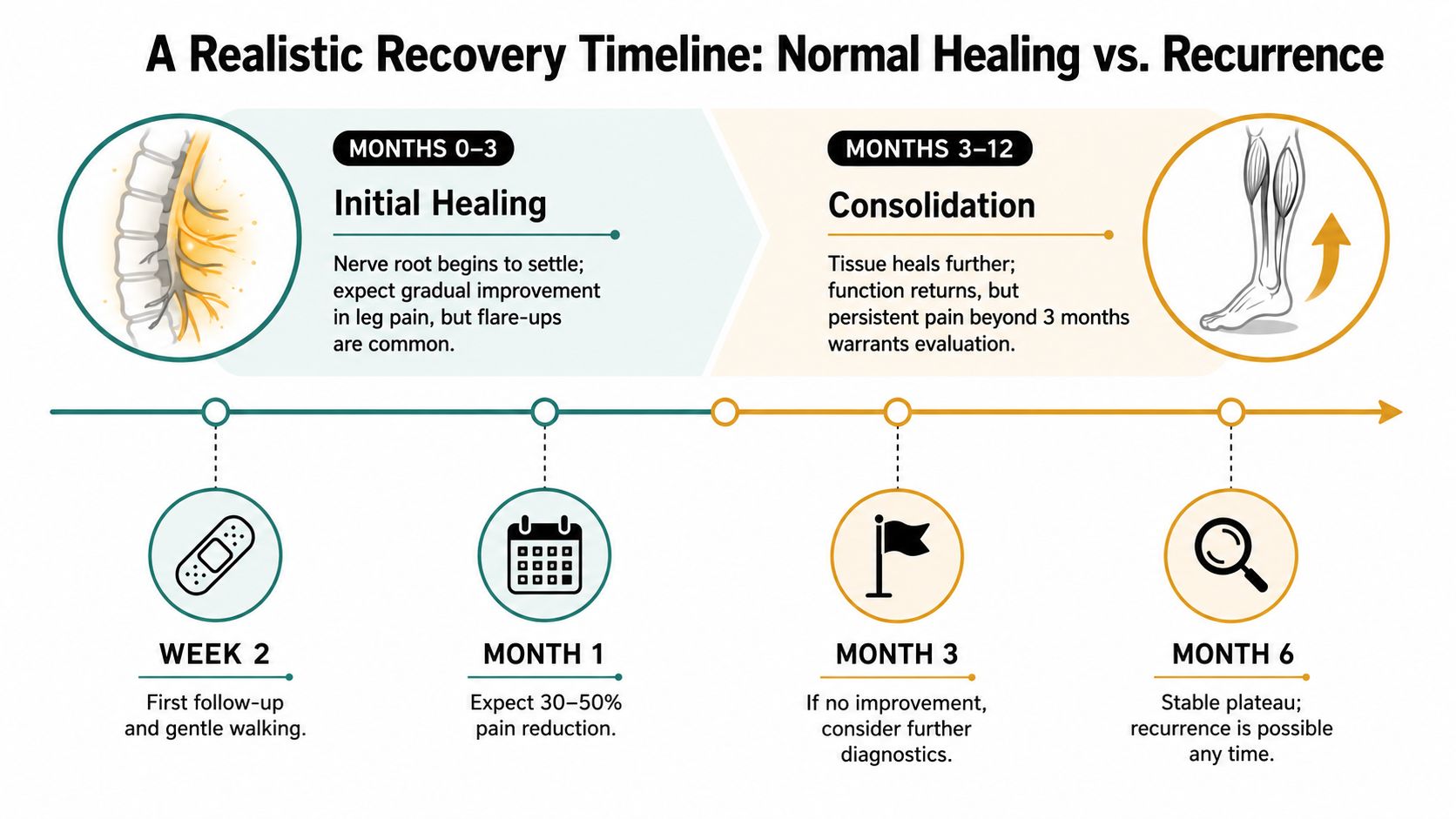 post back surgery leg pain recovery timeline That question matters because post back surgery leg pain is not one diagnosis. It's a pattern with several possible pain generators, and those generators don't respond to the same treatment. In practice, the difference between recurrent stenosis, scar tethering, adjacent segment disease, hardware irritation, and ongoing nerve irritation is the difference between a treatment plan that fits and one that wastes months. Post Back Surgery Leg Pain: Causes and Effective Relief A timeline chart illustrating the recovery stages after back surgery, from initial healing to long-term consolidation.