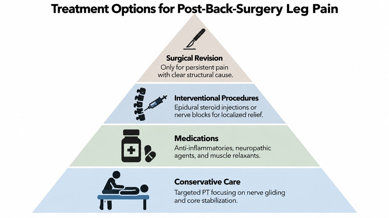 post back surgery leg pain treatment pyramid That question matters because post back surgery leg pain is not one diagnosis. It's a pattern with several possible pain generators, and those generators don't respond to the same treatment. In practice, the difference between recurrent stenosis, scar tethering, adjacent segment disease, hardware irritation, and ongoing nerve irritation is the difference between a treatment plan that fits and one that wastes months. Post Back Surgery Leg Pain: Causes and Effective Relief A treatment pyramid chart illustrating management options for patients experiencing leg pain after back surgery.