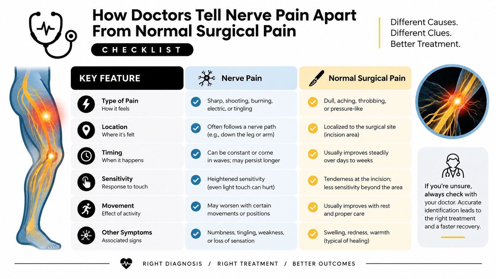 A comparative infographic checklist illustrating the key differences between nerve pain and normal post-surgical pain symptoms.