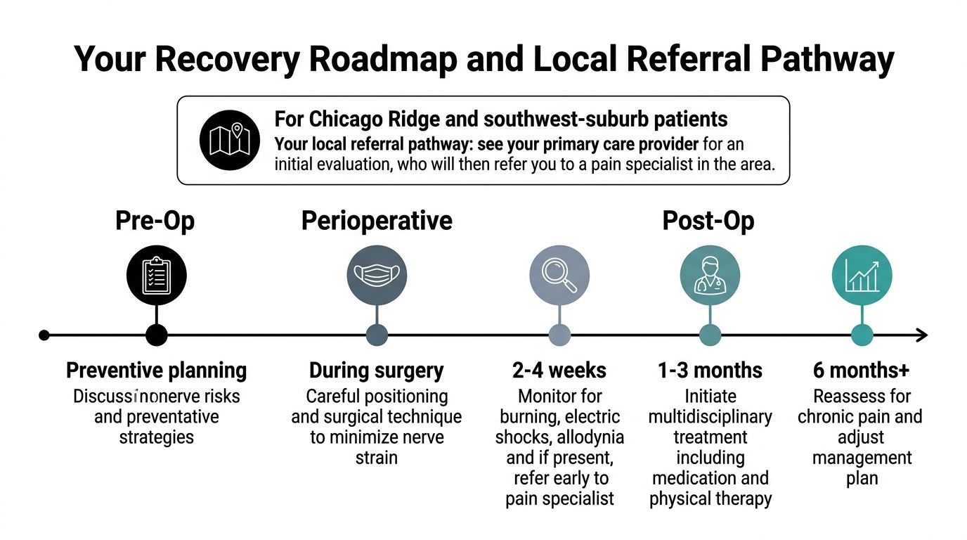 A recovery roadmap for post-surgical neuropathic pain showing timeline stages from pre-operative planning to six months post-surgery.