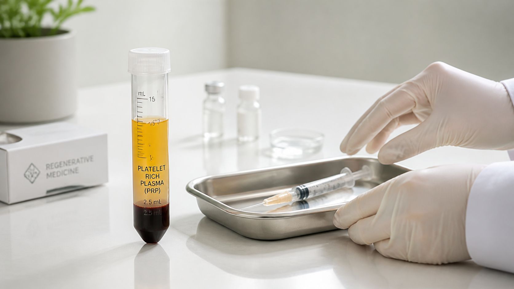A gloved healthcare professional prepares equipment for a Platelet Rich Plasma therapy procedure in a clinic.
