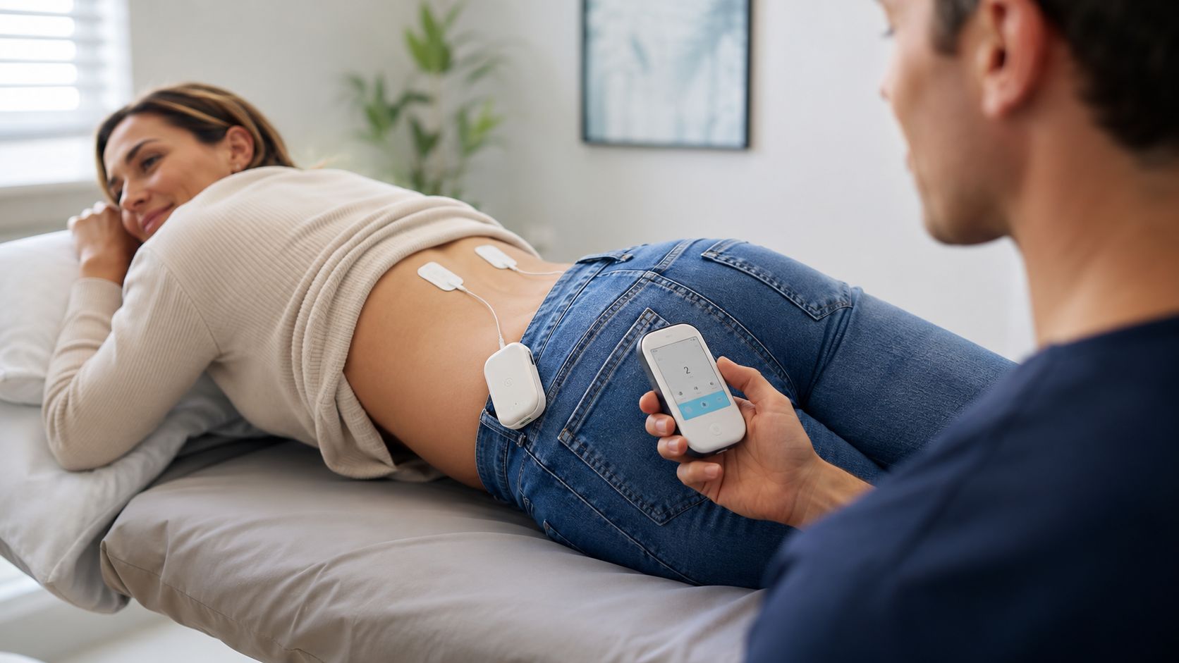 A male physical therapist adjusting a TENS unit device on the lower back of a female patient.