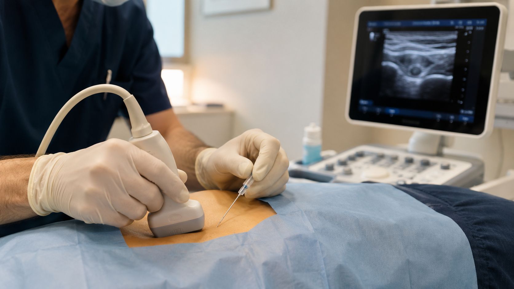 A medical professional performing an ultrasound-guided procedure on a patient in a clinical setting.