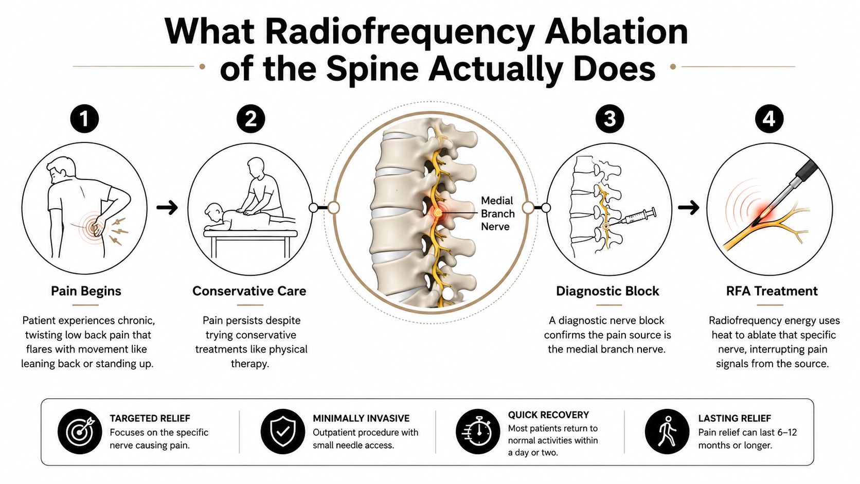 An infographic illustrating the four-step medical process for performing radiofrequency ablation on the human spine.