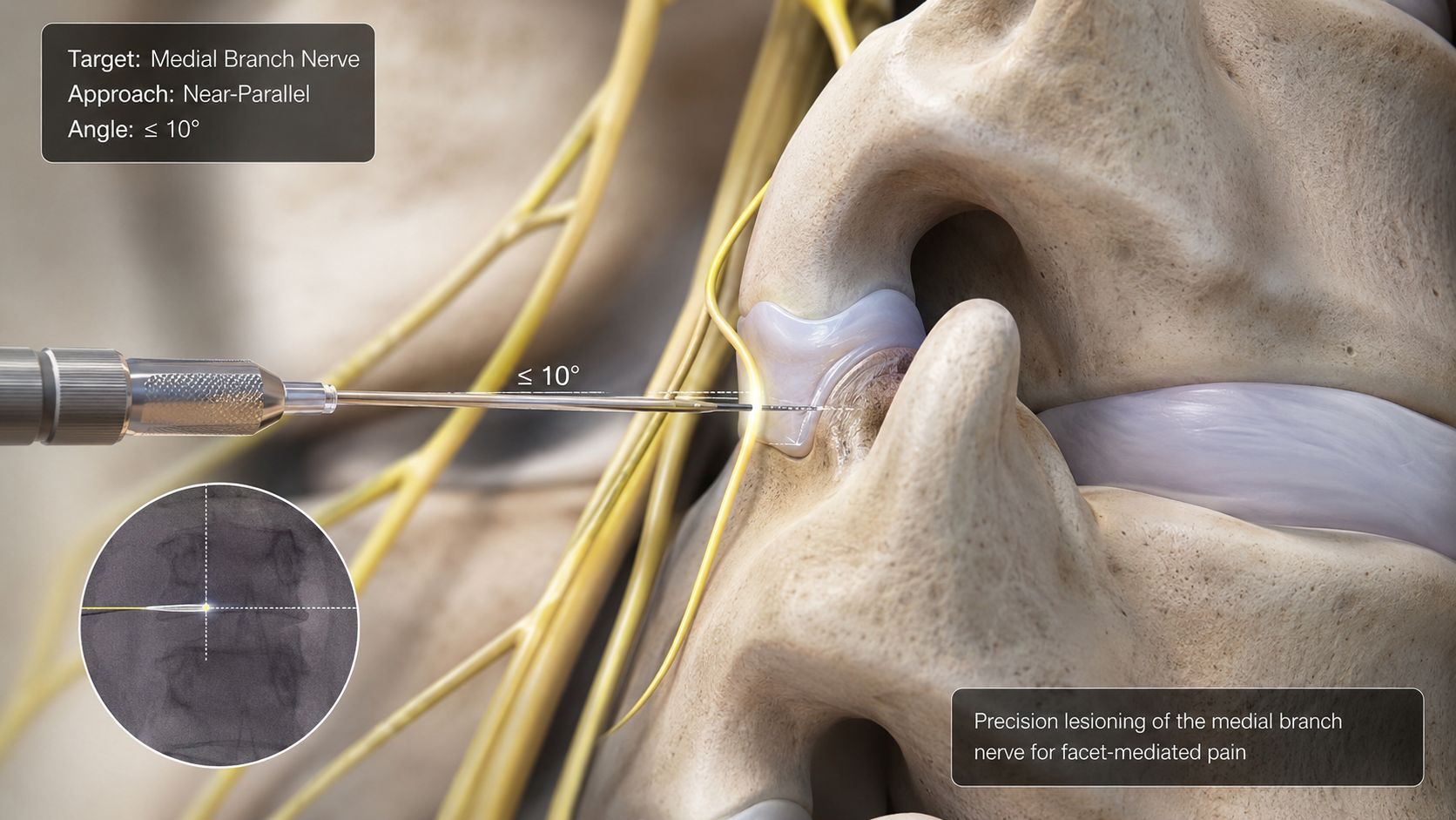 A medical illustration demonstrating the radiofrequency ablation procedure targeting the medial branch nerve for spinal pain relief.