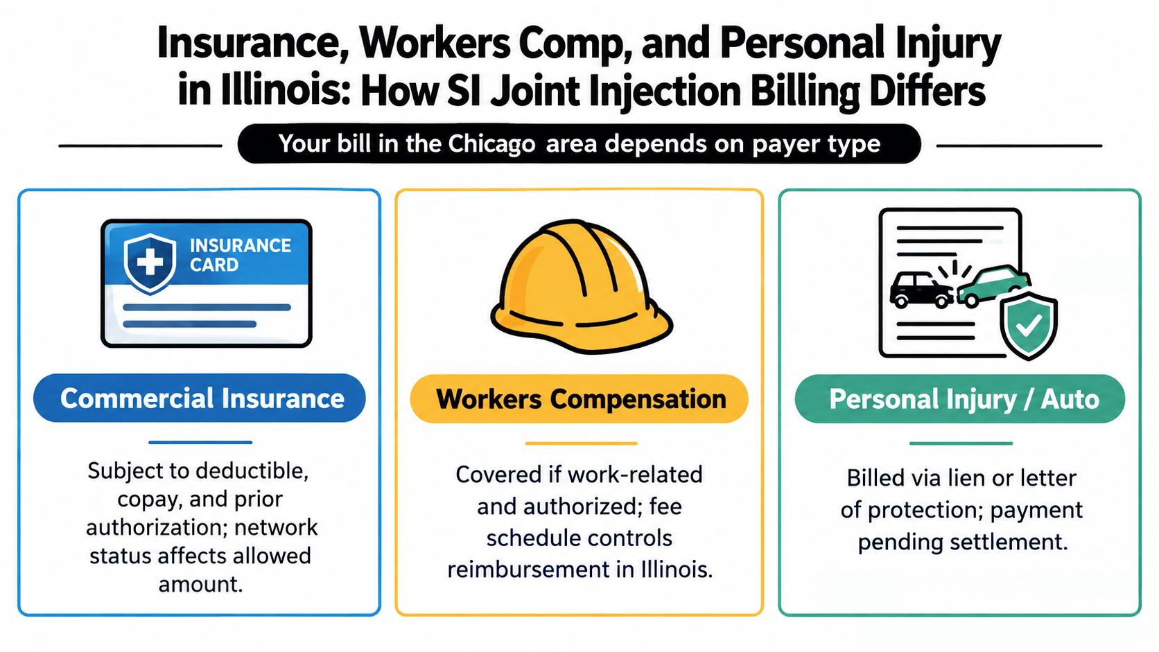 sacroiliac joint injection cost billing infographic The sacroiliac joint injection cost isn't a flat Illinois price. Site of service, imaging guidance, provider billing, medication, facility charges, and payer type determine what reaches your mailbox. Sacroiliac Joint Injection Cost in the Chicago Area An infographic detailing billing differences for SI joint injections under commercial insurance, workers compensation, and personal injury.