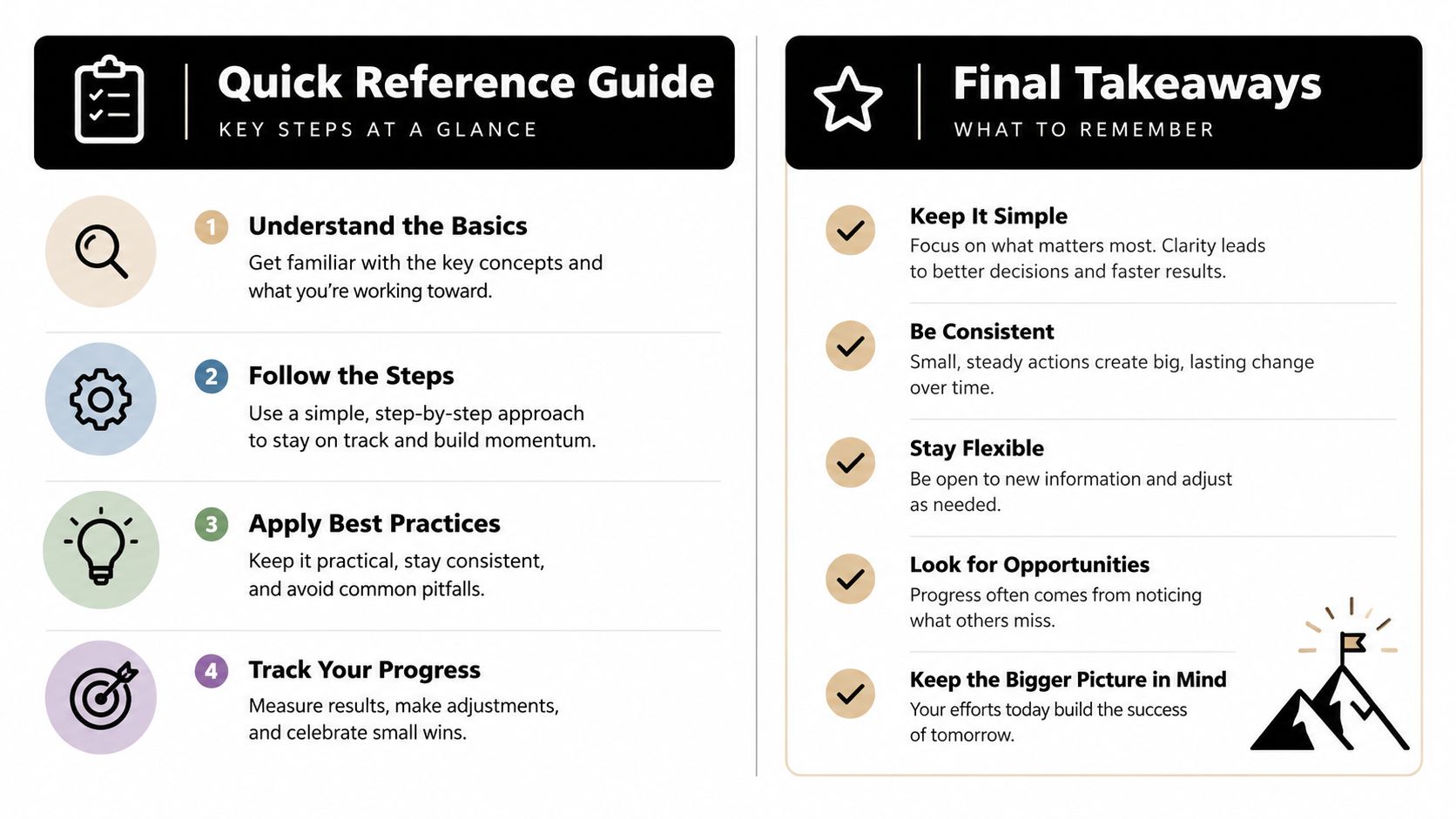 A helpful infographic outlining a four-step reference guide and five essential takeaways for achieving long-term success.