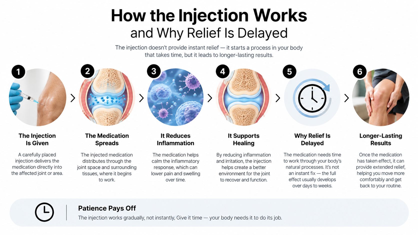A six-step infographic illustrating the progressive healing process and delayed relief timeline following a joint injection.