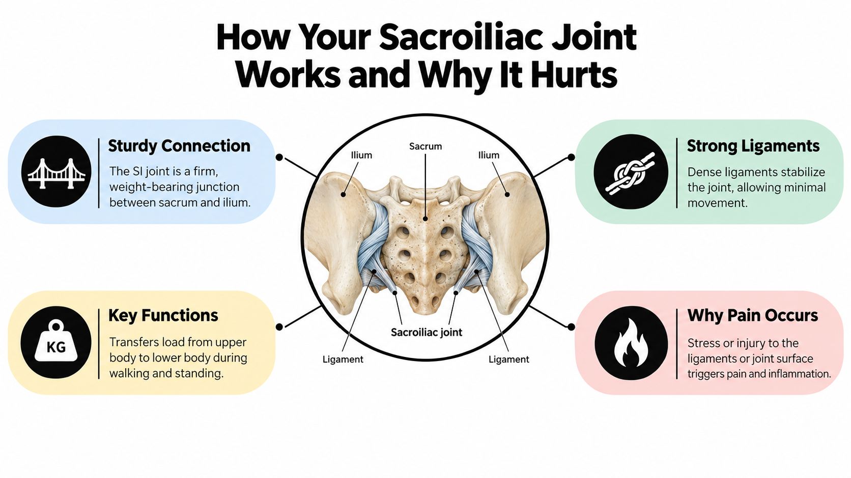 An infographic showing the anatomical structure of the sacroiliac joint, explaining its function and common causes of pain.