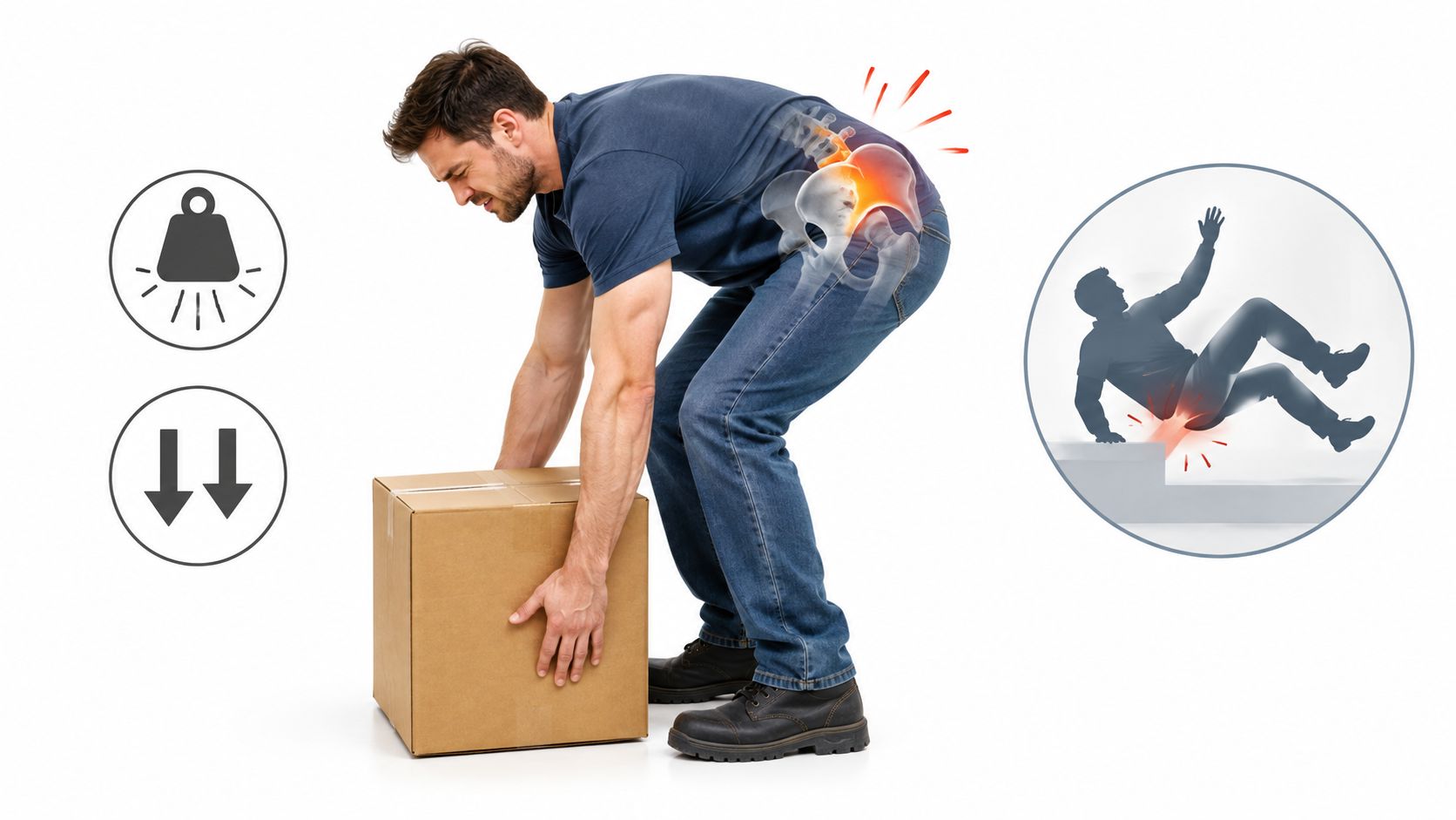 A man experiencing sacroiliac joint pain while lifting a heavy box with a fall illustration included.