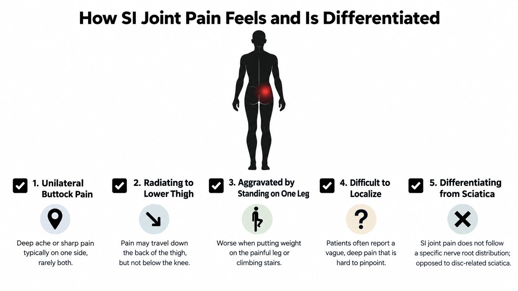 A diagram illustrating five key symptoms and characteristics of sacroiliac joint pain in the human body.
